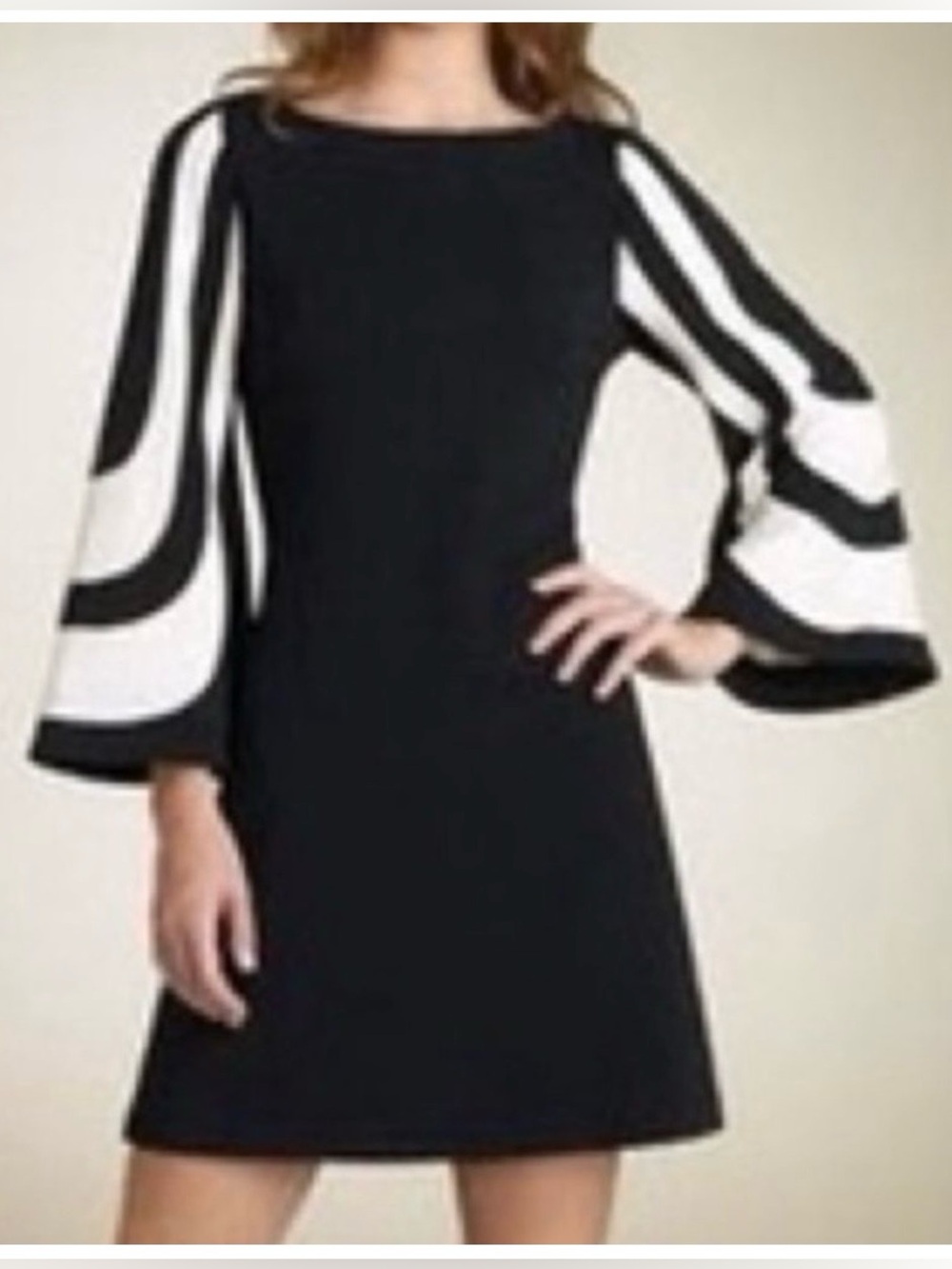 Trina Turk ElBlack and White Mini Dress with Graphic Bell Sleeve Stripes, zipper